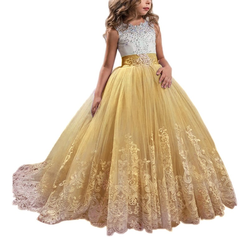 WDE Princess Gold Long Girls Pageant Dresses Kids Prom Puffy Tulle Ball Gown US 6 - Image 1